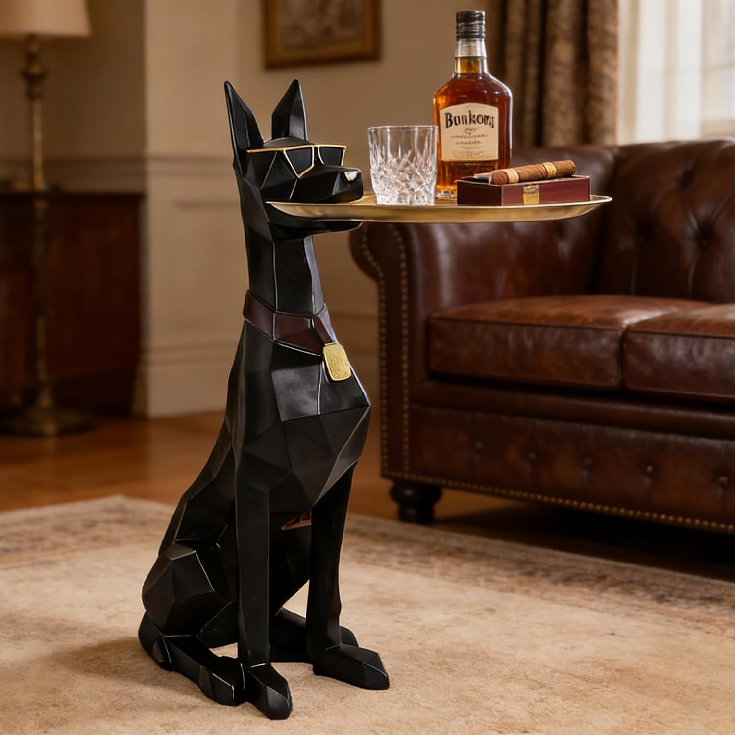 29in Geometric Dog Accent Table with Tray Butler Statue Animal Side Table for Modern Home Decor Dog Butler Statue with Tray Animal Accent Table for Living Room, Bedroom, Study, Patio (Black)