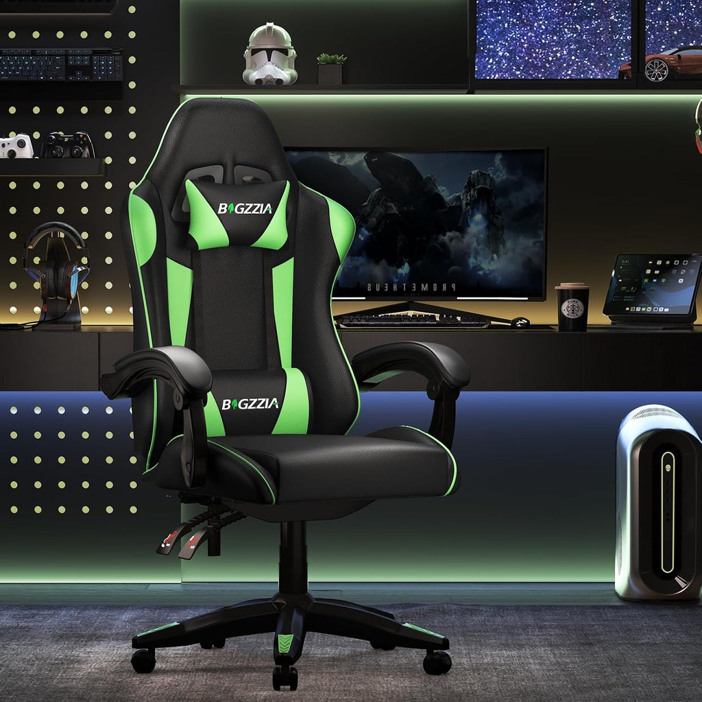 Bigzzia Gaming Chair, Ergonomic Video Game Chairs with Pillow and Lumbar Support, Racing Style Height Adjustable Computer Chair with 360°-Swivel Seat for Adults and Kids（Green）
