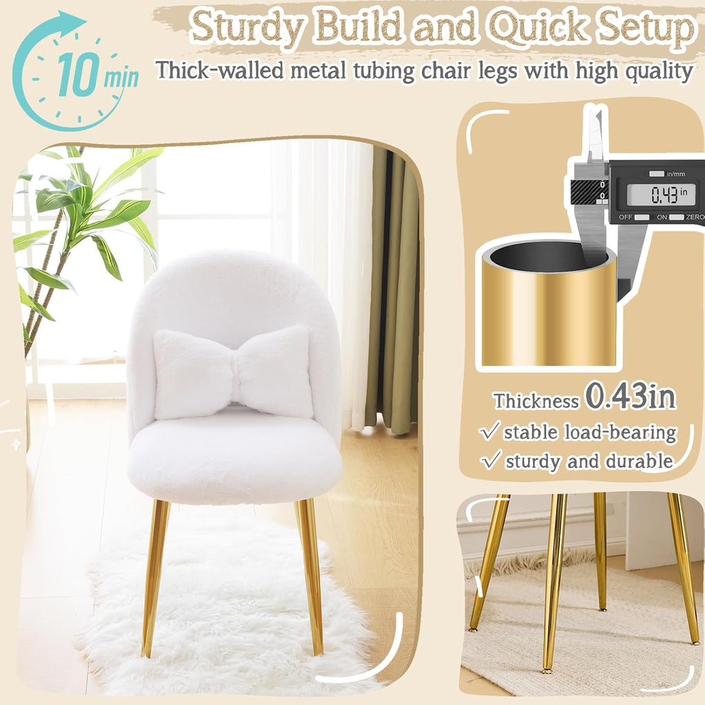 VINGLI Fluffy Girls Vanity Chair with Back & Pillow,Cute Small Cozy Desk Chair No Wheels,Comfy Makeup Ch with Ajustable Gold Legs,for Bedroom,Living Room,Small Space,White