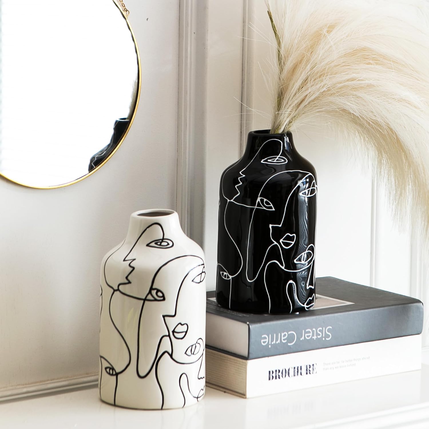 Kimdio Ceramic Vase Set, 2pcs Black and White Abstract Irregular Design Flower Vases, Modern Home Decor Living Room Decor Minimalist Decorative Vase for Pampas Grass