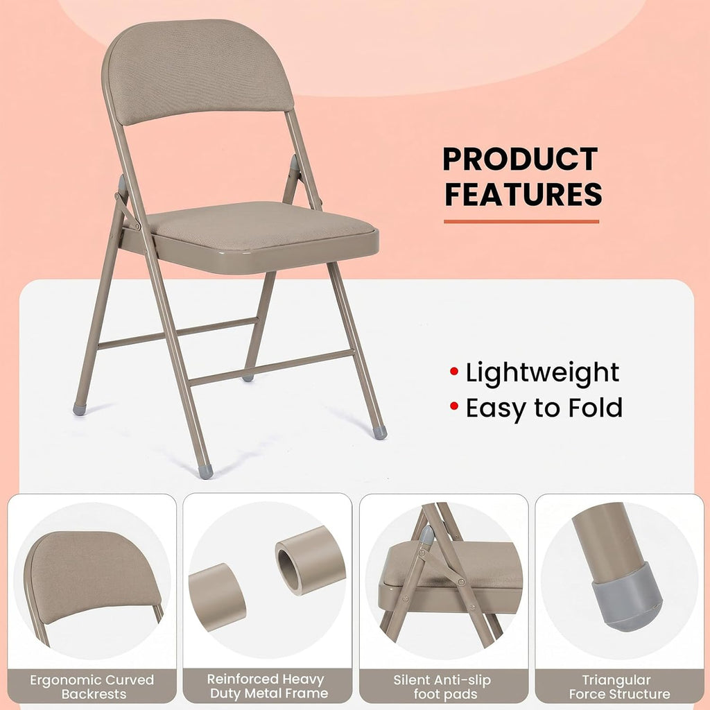 12 Pack Folding Chairs, Fabric Dining Chair Set with Padded Cushion and Back, Indoor Outdoor Seat for Home Office, Parties, Events, Wedding, Extra Guest Seating, Desert Khaki