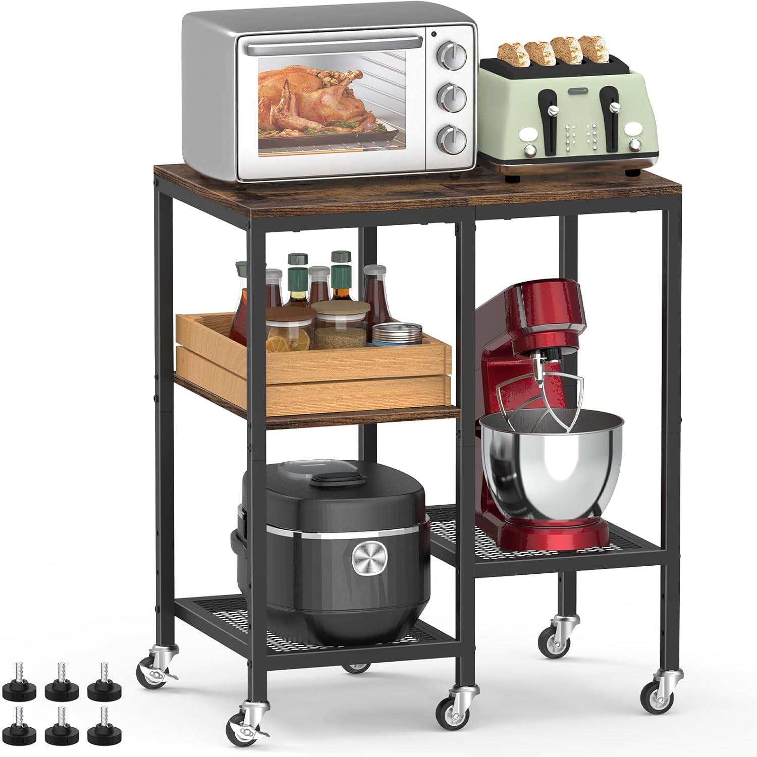 OGEMXU Kitchen Microwave Cart,Microwave Stand with Wheels,Coffee Bar Table Station,4-Tier Rolling Baker's Rack,Small Appliance Storage Shelf,Utility Side Table for Kitchen,Living Room (Rustic Brown)