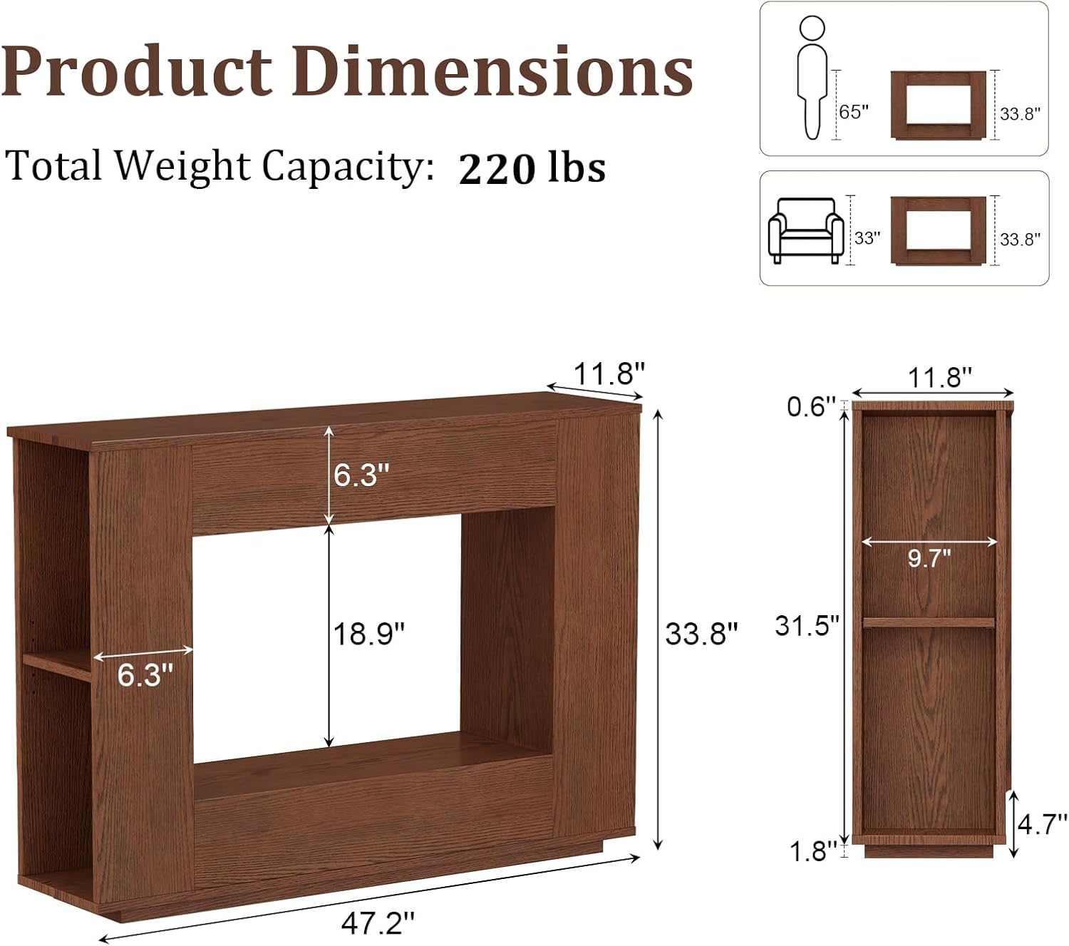 Walnut Console Table with Storage, 47.2" W Farmhouse Entryway Table, Long Sofa Table for Hallway, Living Room, Foyer