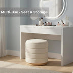 Round Storage Ottoman, Small Linen Upholstery Footrest Still with Foam Padded Seat for Living Room Bedroom, Beige