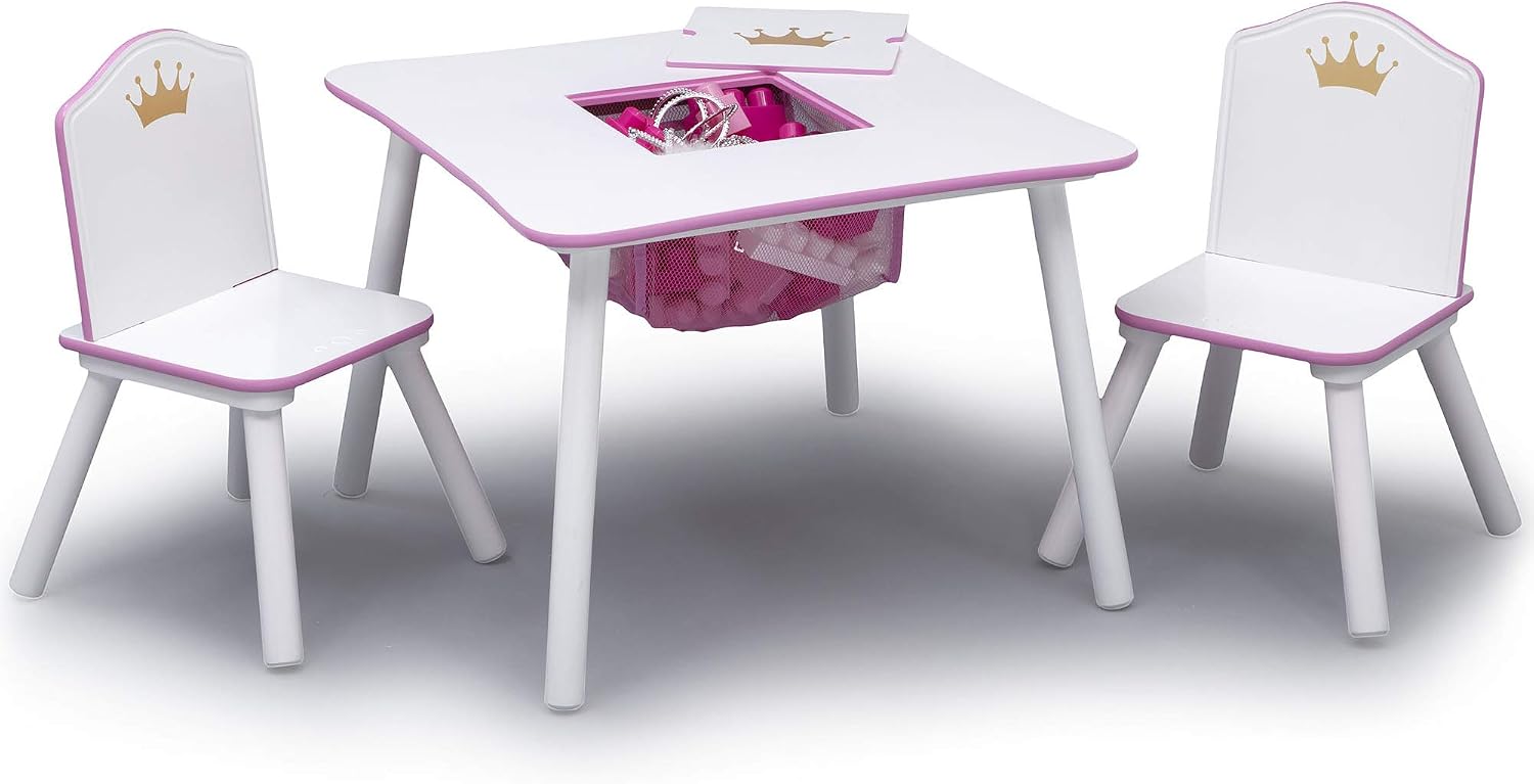Delta Children Princess Crown Kids Wood Table and Chair Set with Storage - Greenguard Gold Certified, White/Pink