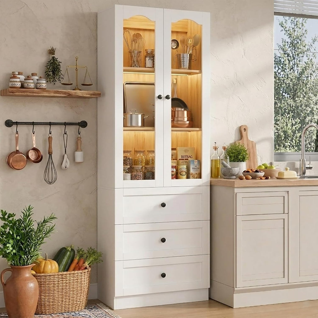 Cyclysio 80" Tall Pantry Cabinet, Kitchen Storage Cabinet with 3 Motion Sensor LED Lights, Arched Glass Doors, 3 Drawers, 3.15" Baseboard Cutout, White Pantry for Dining Room, Living Room