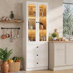 Cyclysio 80" Tall Pantry Cabinet, Kitchen Storage Cabinet with 3 Motion Sensor LED Lights, Arched Glass Doors, 3 Drawers, 3.15" Baseboard Cutout, White Pantry for Dining Room, Living Room