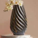 10 inch Tall Ribbed Ceramic Vase for Flowers,Boho Vases for Pampas Grass,Fluted vase,Simple Modern Decorative Vase for Home Decor Table Centerpieces (Black,Gold Marble)