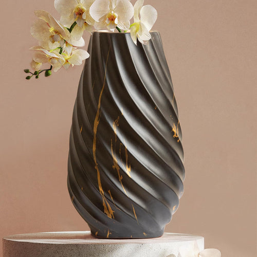 10 inch Tall Ribbed Ceramic Vase for Flowers,Boho Vases for Pampas Grass,Fluted vase,Simple Modern Decorative Vase for Home Decor Table Centerpieces (Black,Gold Marble)