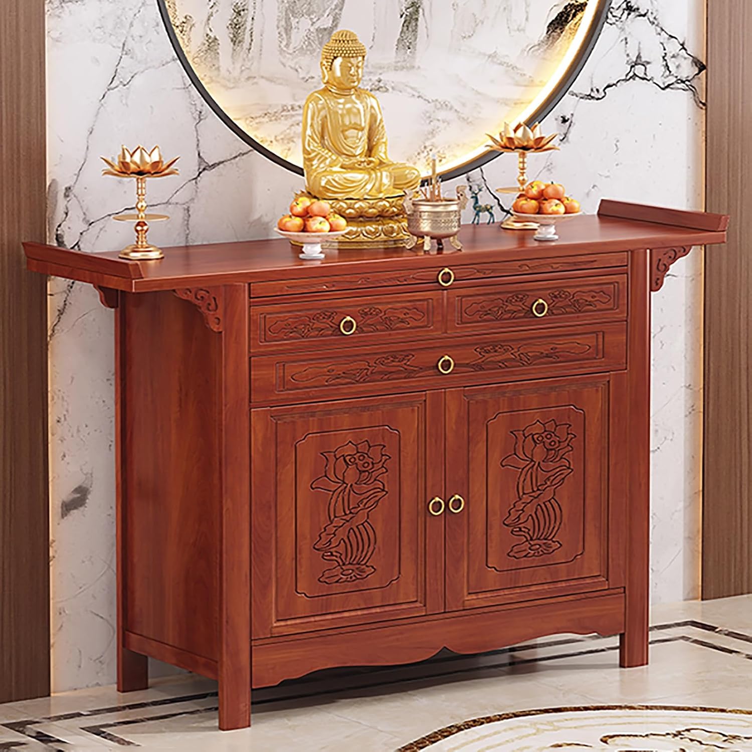 Bamboo Meditation Altar Table with Storage, Chinese Pooja Cabinet, Offering Table with Drawer, Buddhist Shrine Altar for Living Room, Small Spaces(88cm/34.6in)