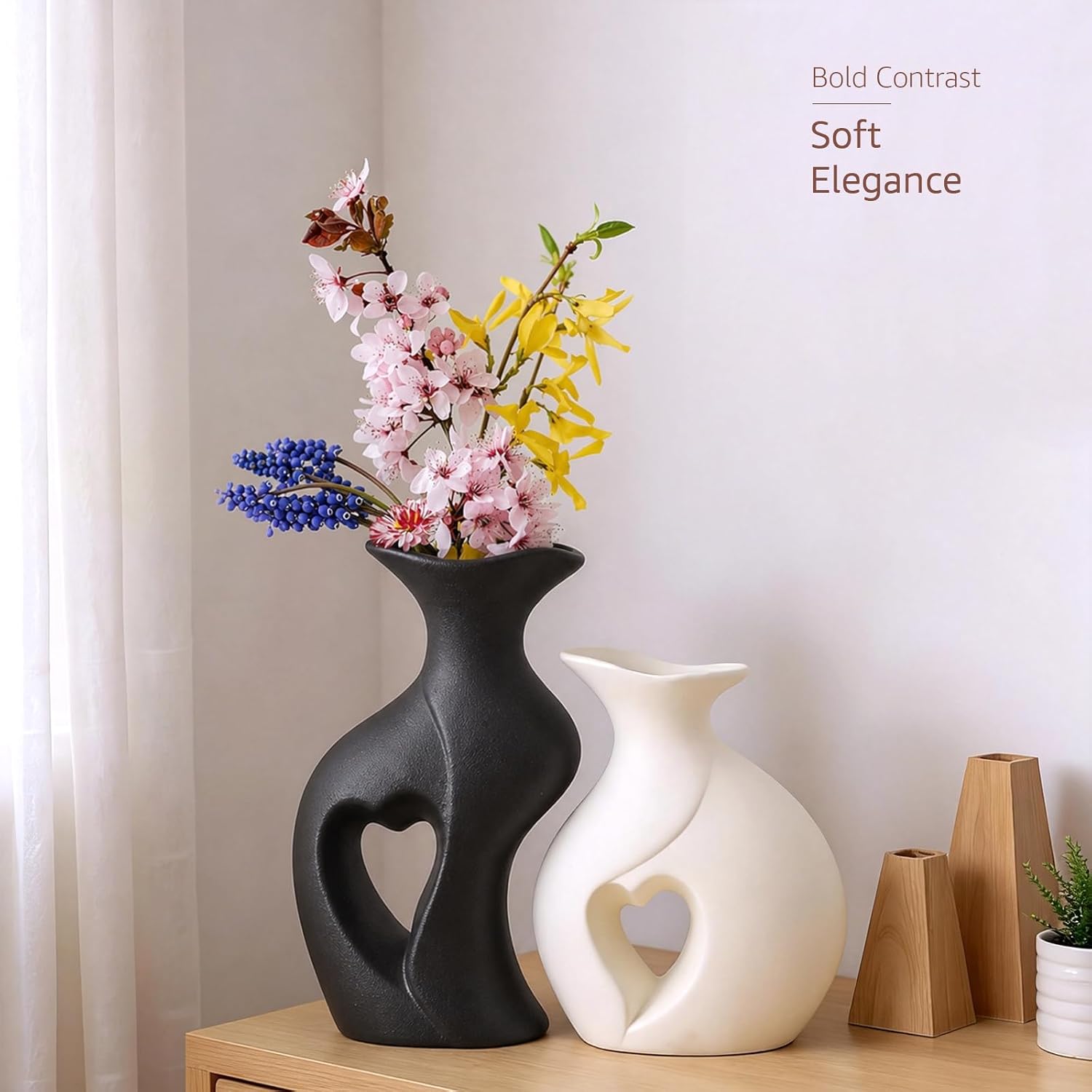 Ceramic Vase Hollowed Heart Flower Vase Set for Modern Nordic Boho Home Decor, Aesthetic Decor for Table Centerpiece, Wedding, Living Room, Bookshelf, Office, Entryway, (Matte)