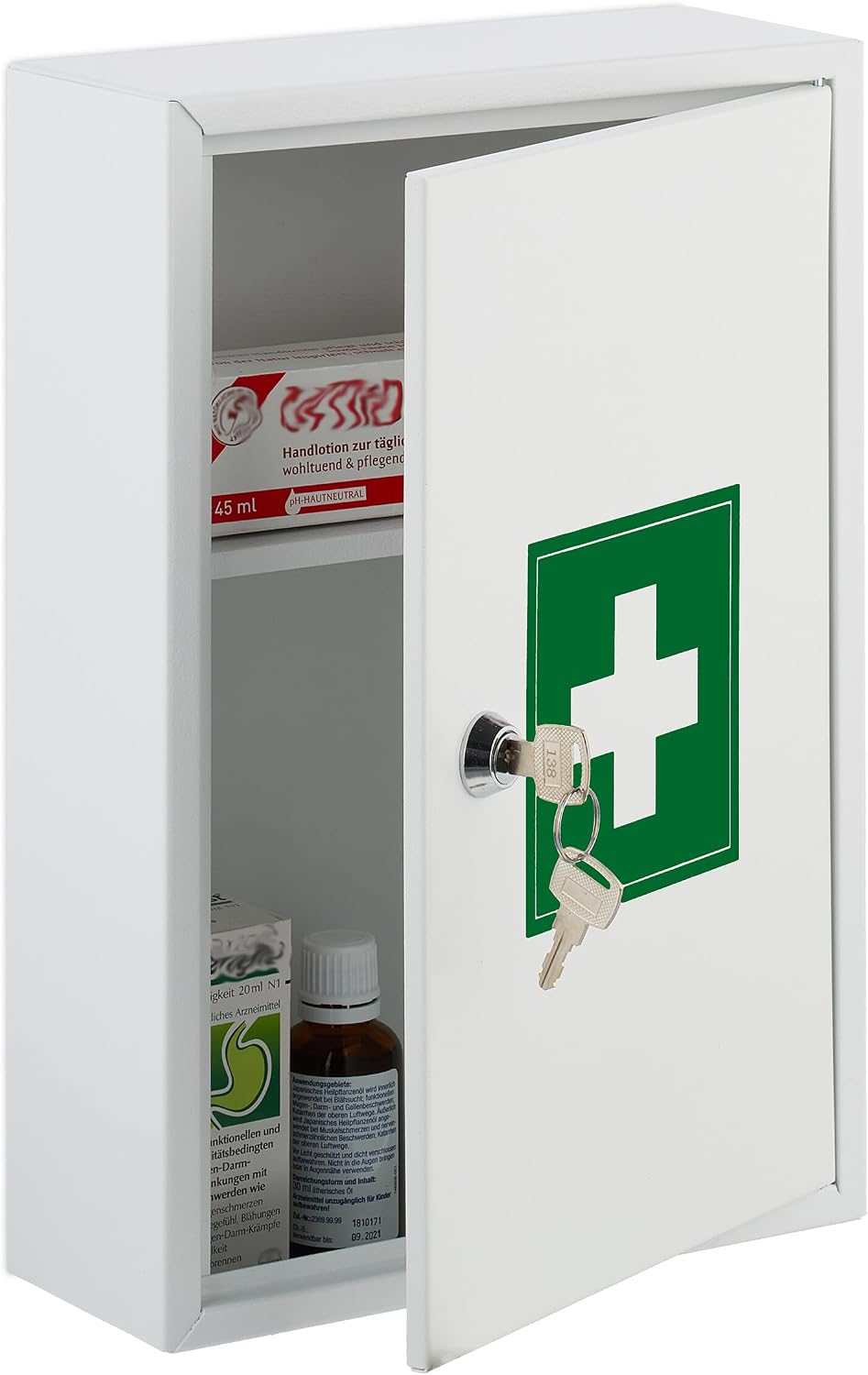 Relaxdays Medicine Cabinet, Lockable, 2 Compartments, 32 x 21.5 x 9.5 cm, Wall Mounted, First Aid, Metal, White/Green, Iron