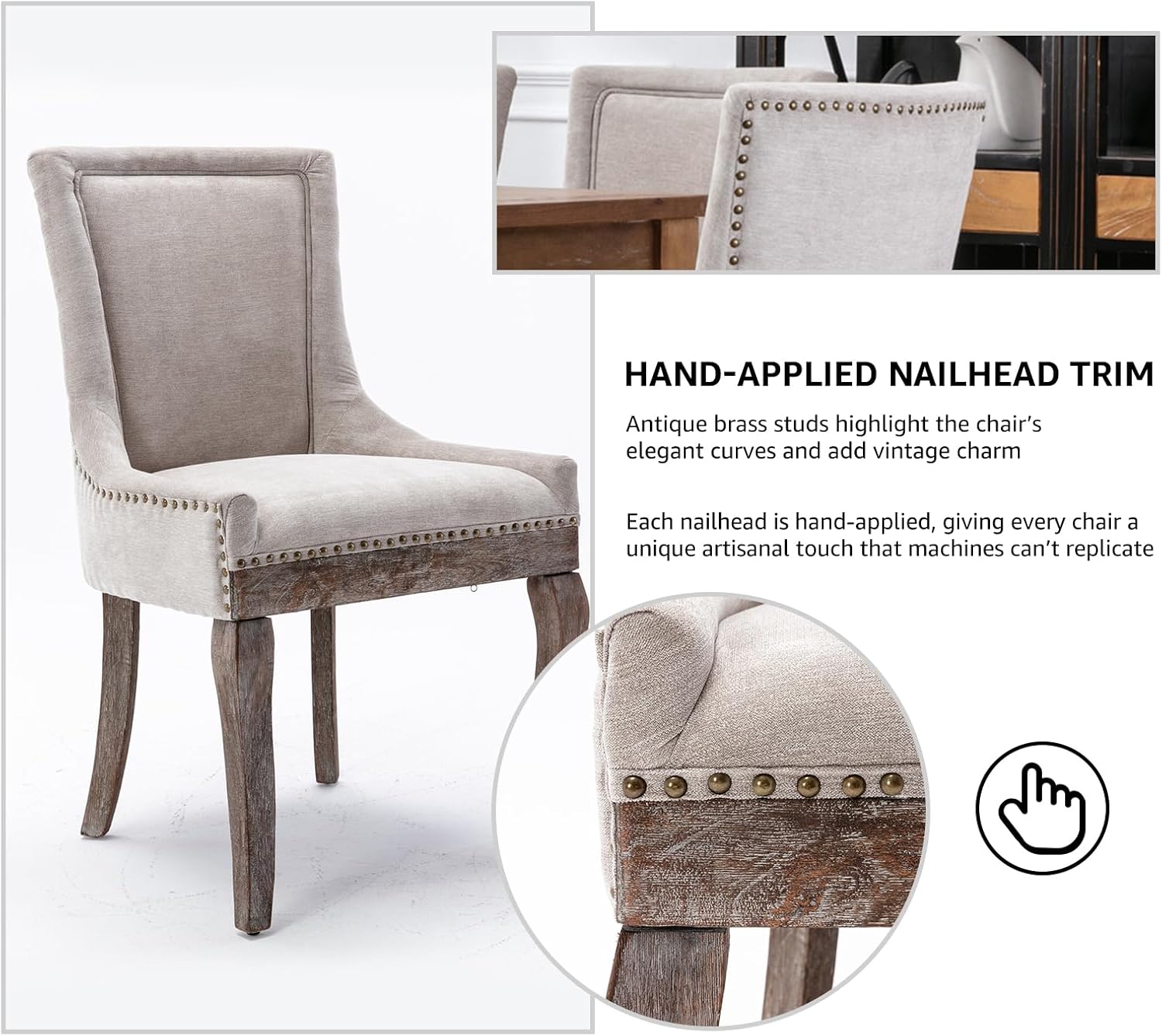 Modern Dining Chairs Set of 2, Fabric Upholstered High Back Chairs with Nailhead Trim and Curved Solid Wood Legs, Sillas de Comedor Accent Chairs for Dining Room, Beige