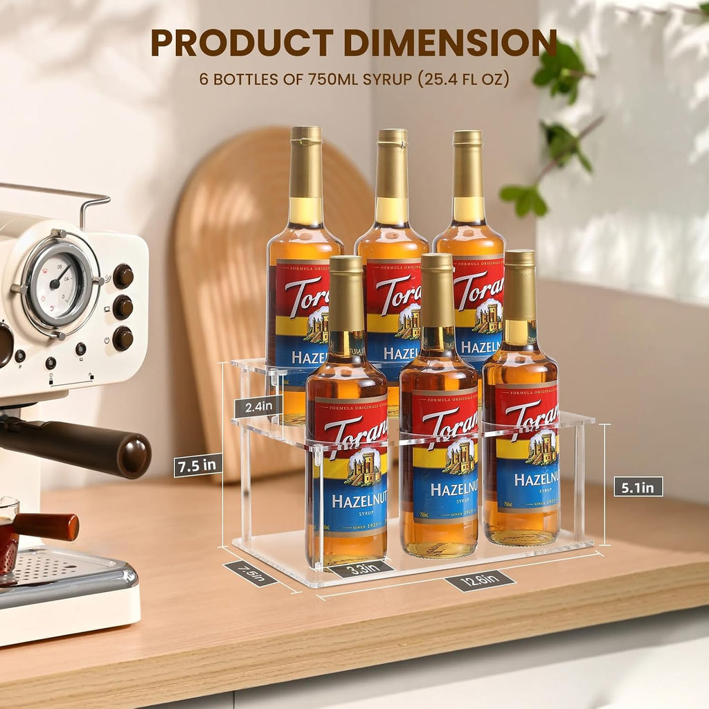 IEEK Coffee Syrup Rack Organizer 2-Tier 6 Syrup Bottles Holder Stand for Coffee Bar,Clear Acrylic Bottle Storage Shelf With Anti Slip Pad for Syrup/Wine/Kitchen Coffee Station,Countertop Wine Rack