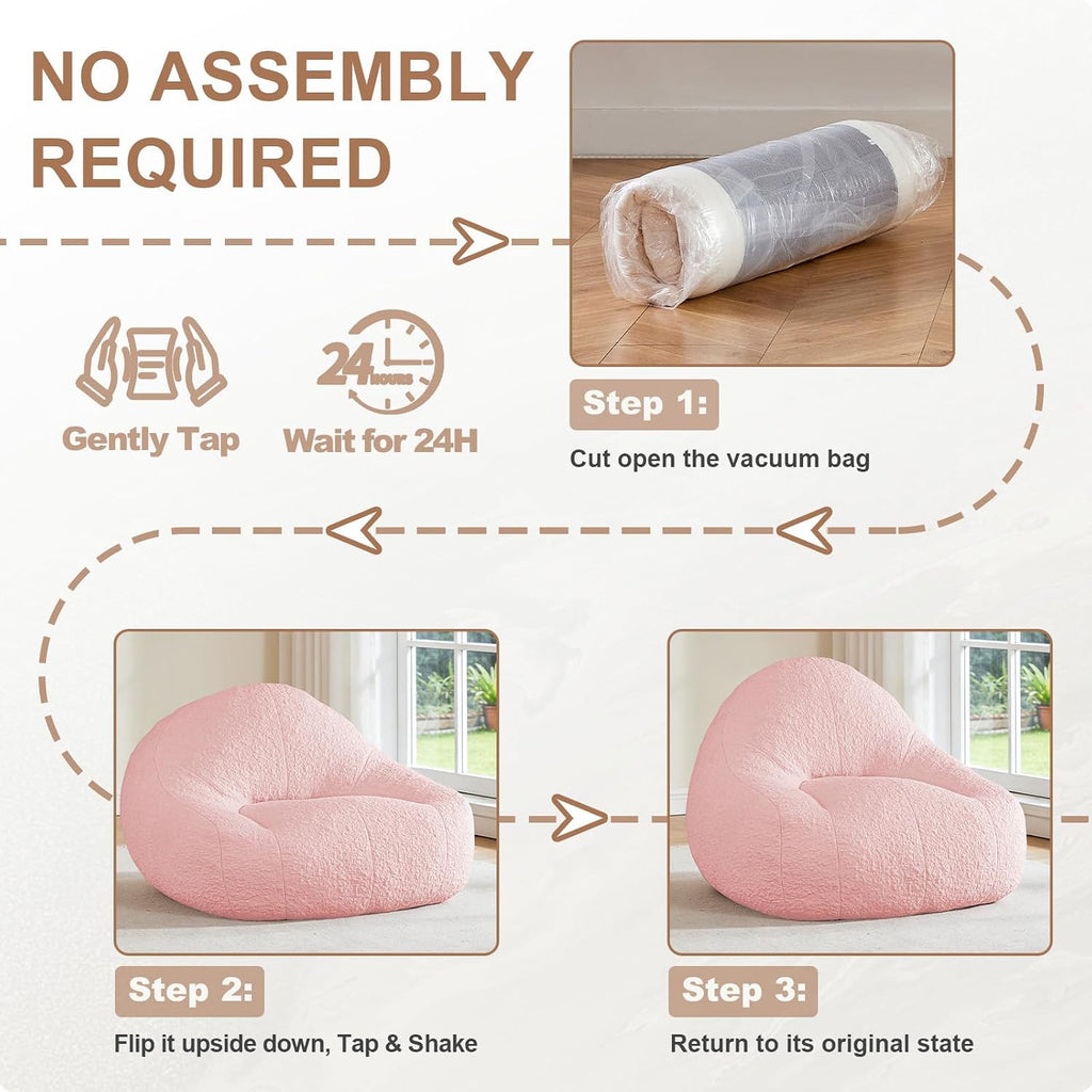 4FT Large Bean Bag Chair for Adults - Big Boneless Floor Chair with Foam Filling, Oversized Bean Bag Sofa for Reading and Gaming in Bedroom, Living Room, Dorm, Pink