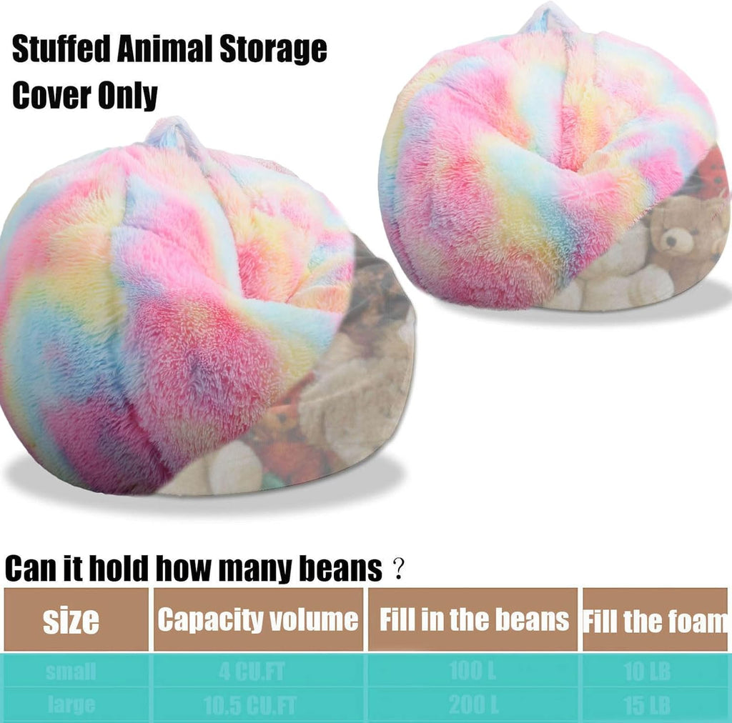 Fluffy Stuffed Animal Storage Bean Bag Chair Cover (No Filler), Faux Fur Comfy Bean Bag Cover for Organizing Plush Toys or Textile, for Adults Teens Kids Girls, Rainbow