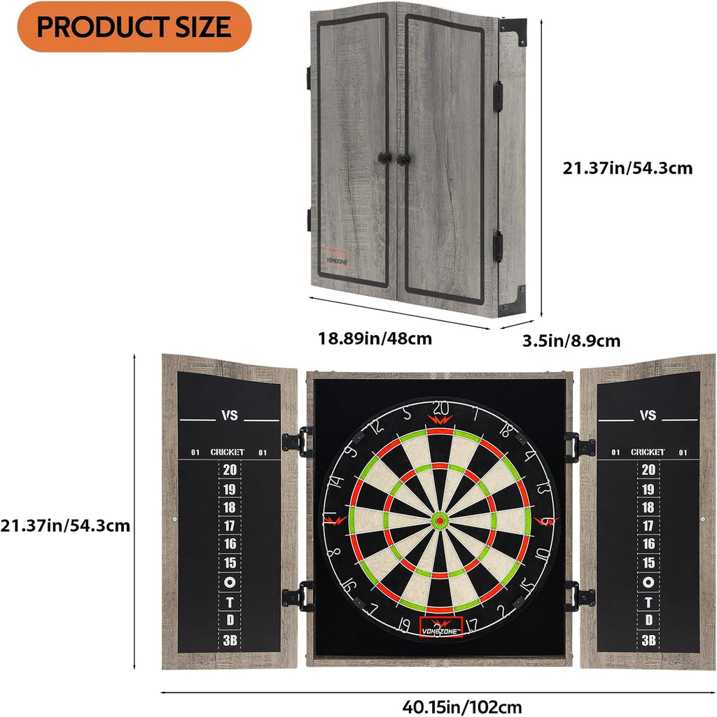 Dartboard Cabinet Set with 18" Bristle Dartboard - Self-Healing Sisal, 6 Steel Tip Darts, Scoreboard & Chalk - All-in-One Game Room Set for Home, Bar, Garage (Gray)