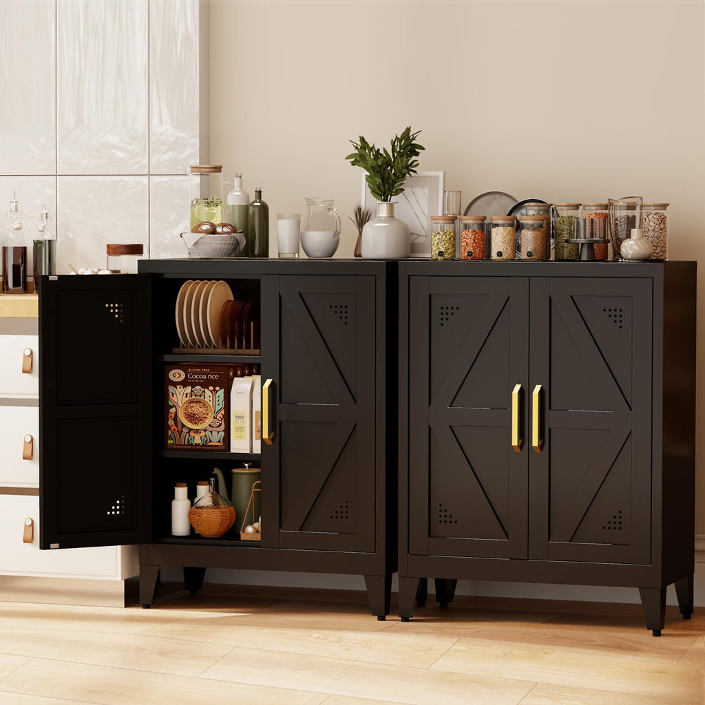 32" Metal Kitchen Pantry Cabinet,Floor Bathroom Storage Cabinet with 2 Adjustable Shelves,Freestanding Sideboard for Small Spaces, Living Room, Hallway, Dining Room,Black