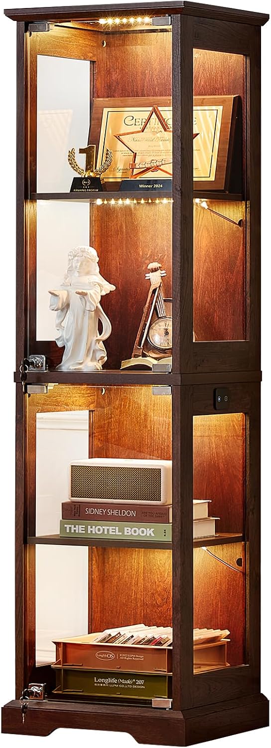 LELELINKY Farmhouse Narrow Glass Display Cabinet with Doors | Wooden Curio Cabinets with 3 Color Motion-Sensor Light & Lock, Walnut