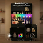 YOURLITE LED Pantry Cabinets with Pegboard, Kitchen Pantry Storage Cabinet with Outlet & Microwave Stand, Kitchen Hutch Coffee Bar with 5 Hooks and Adjustable Shelf, Black