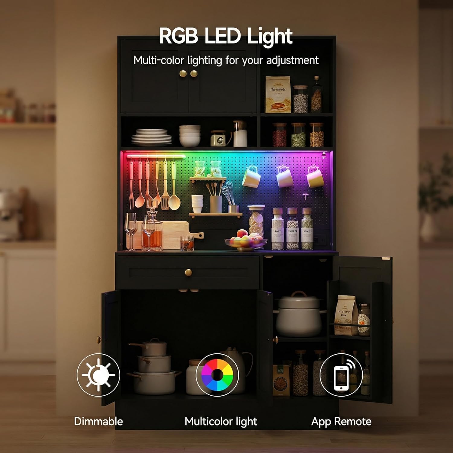 ELECWISH 71” Tall Pantry Cabinet with LED & Pegboard, Kitchen Pantry Storage Cabinet with Charging Station, 5 Hooks and Adjustable Shelf, Large Kitchen Hutch Coffee Bar for Dining Room, Black