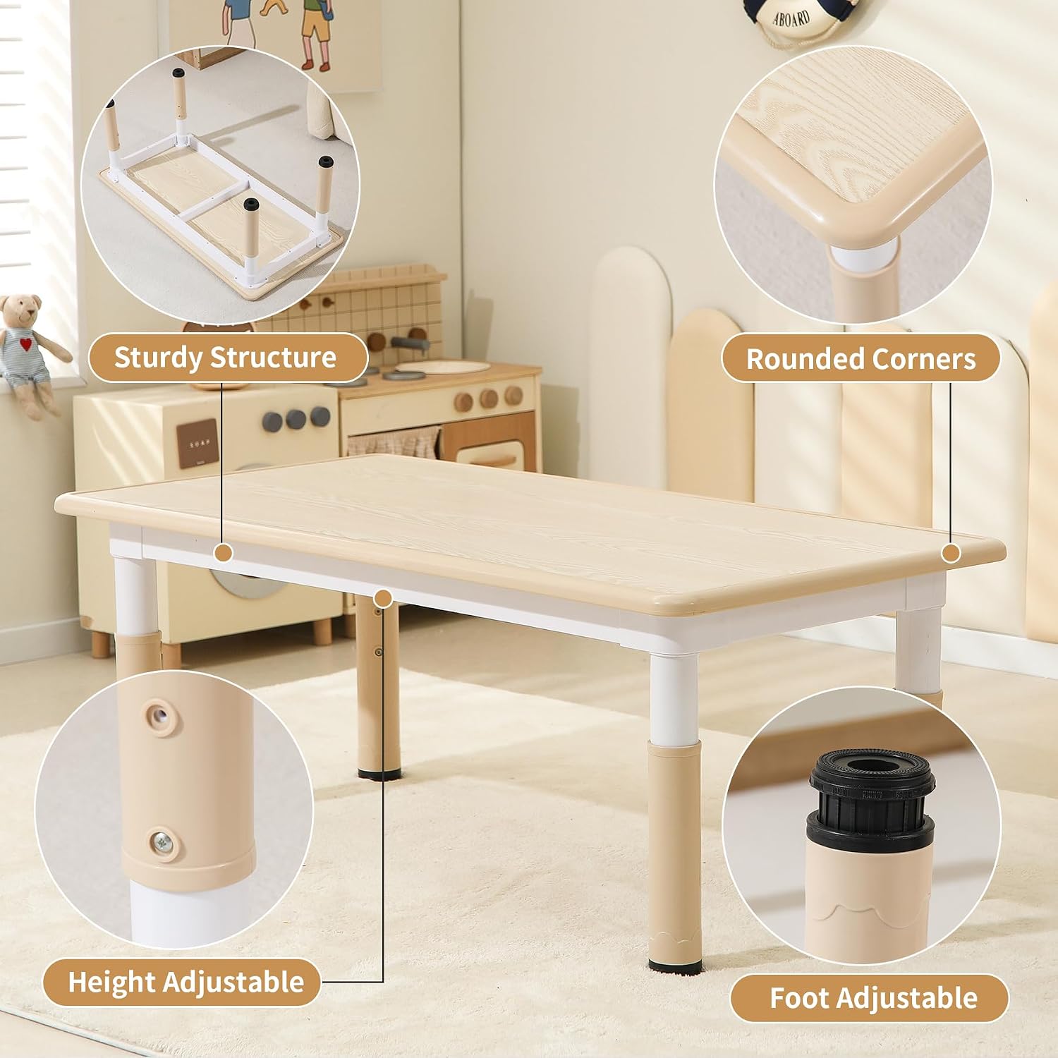 Hulaibit Kids Table and 4 Chairs Set, Height Adjustable Toddler Table and Chairs Set, Graffiti Desktop Children Activity Table for Ages 3-8, Daycare, Classroom, Home