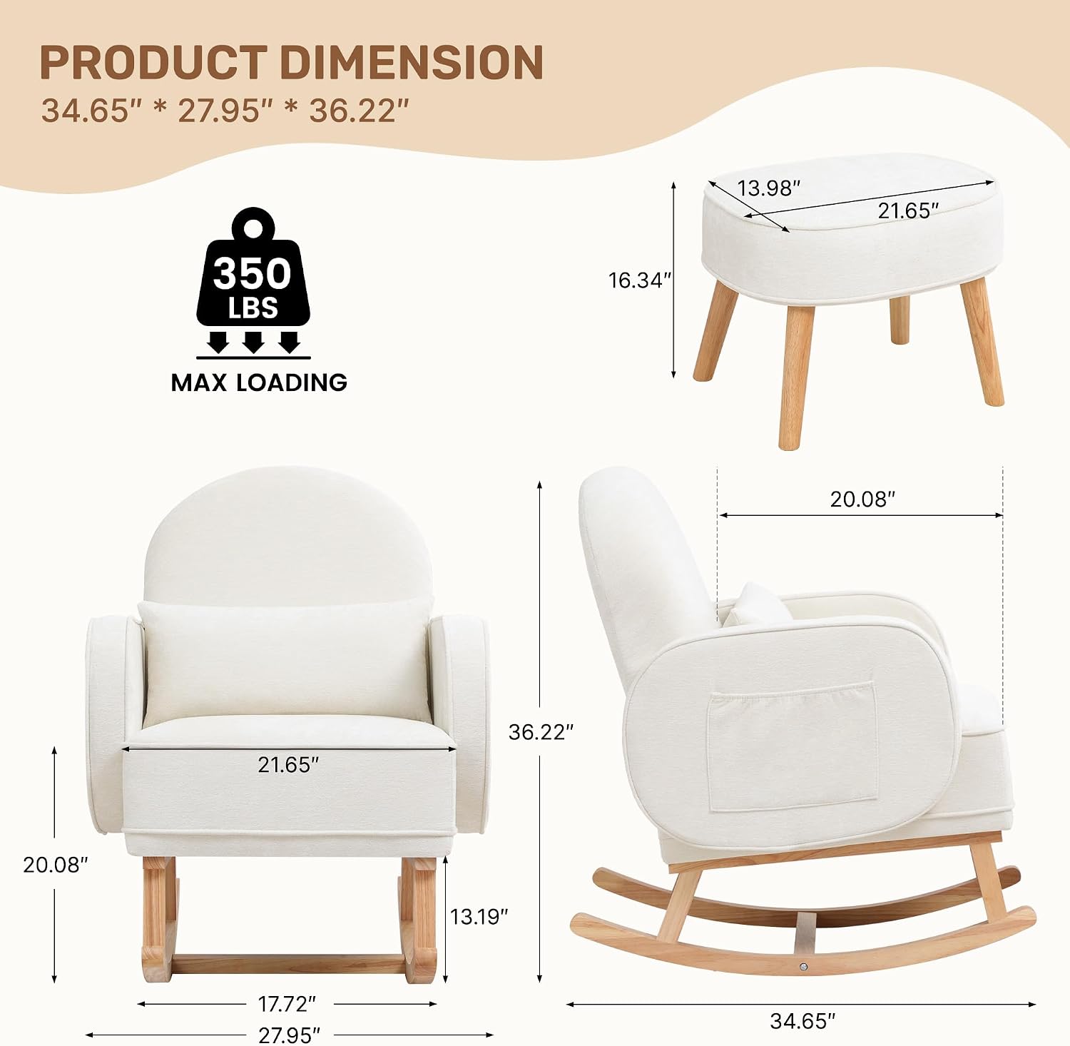 HCHAIRH Rocking Chair with Ottoman, Upholstered Glider Rocker with High Backrest and Side Pocket, Comfy Chenille Reading Chair with Solid Wood Legs for Nursery, Living Room,Bedroom Beige