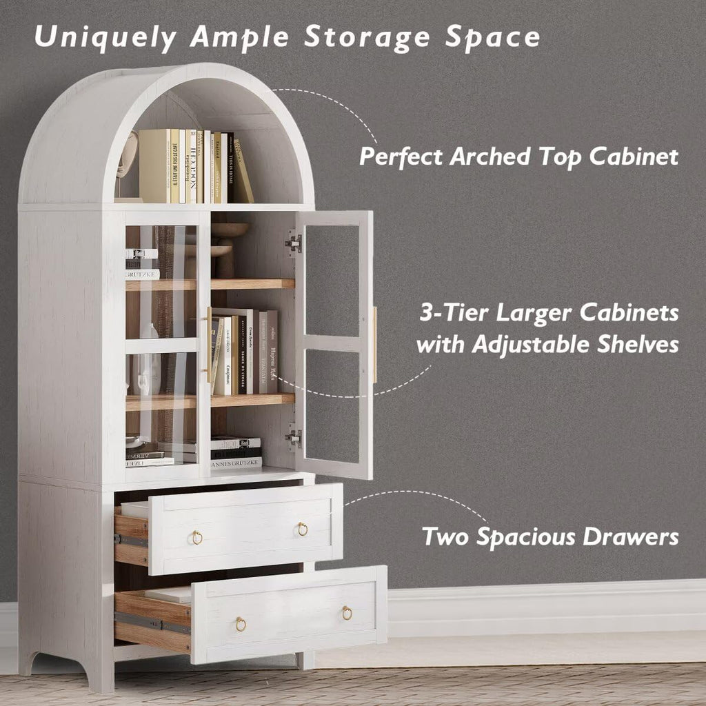 71" Tall Arched Kitchen Pantry Cabinet with 2 Large Drawers, Modern Farmhouse Kitchen Storage Cabinets with Adjustable Shelves, Glass Door, Wood Versatile Cupboard for Kitchens, Dining Room, White