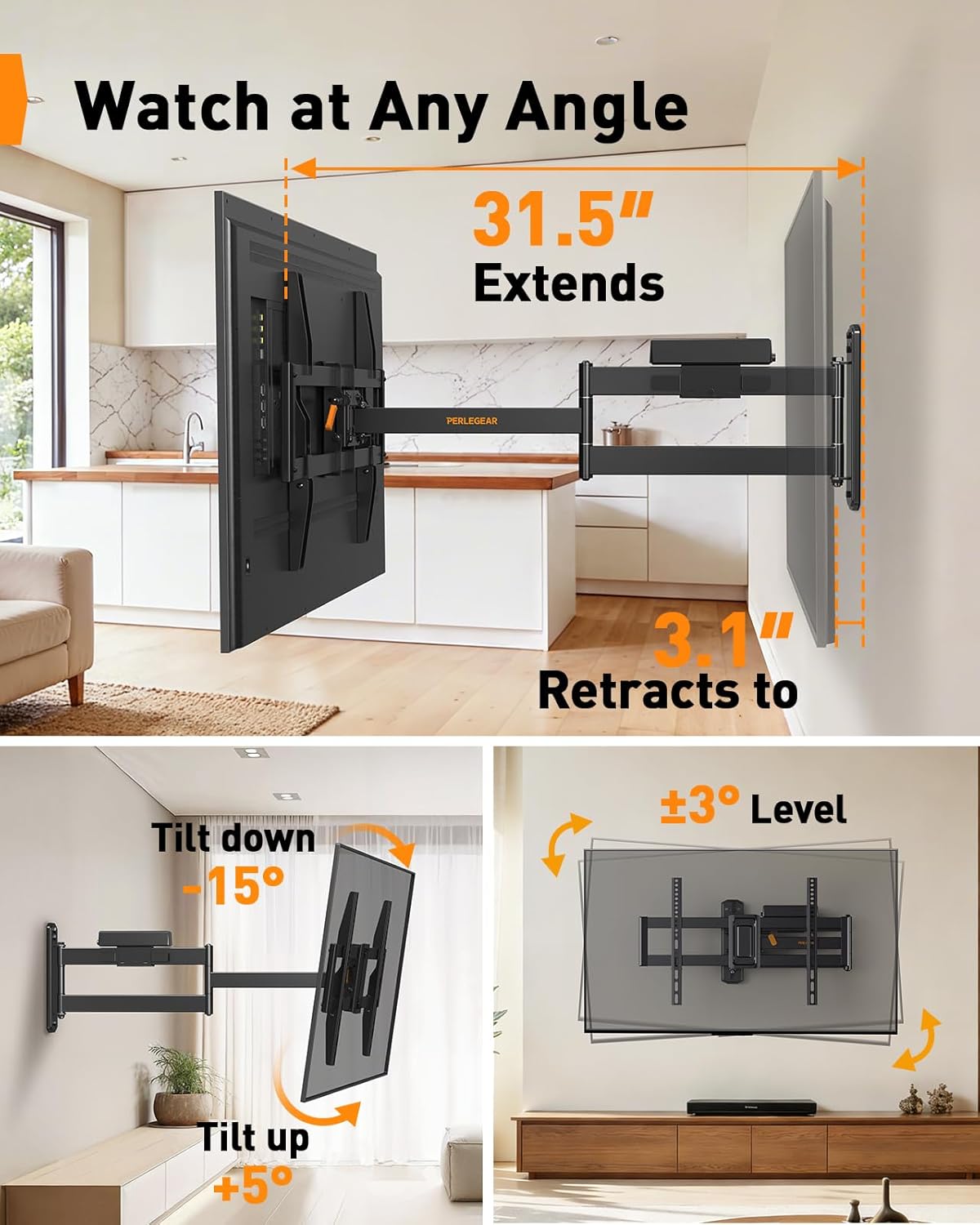 Perlegear Long Arm TV Wall Mount Full Motion with Surge Protection Power Strip for 38–75 Inch TVs, Corner TV Mount with 31.5″ Long Extension, Swivel, Tilt, Max VESA 600x400mm, Holds up to 100 lbs