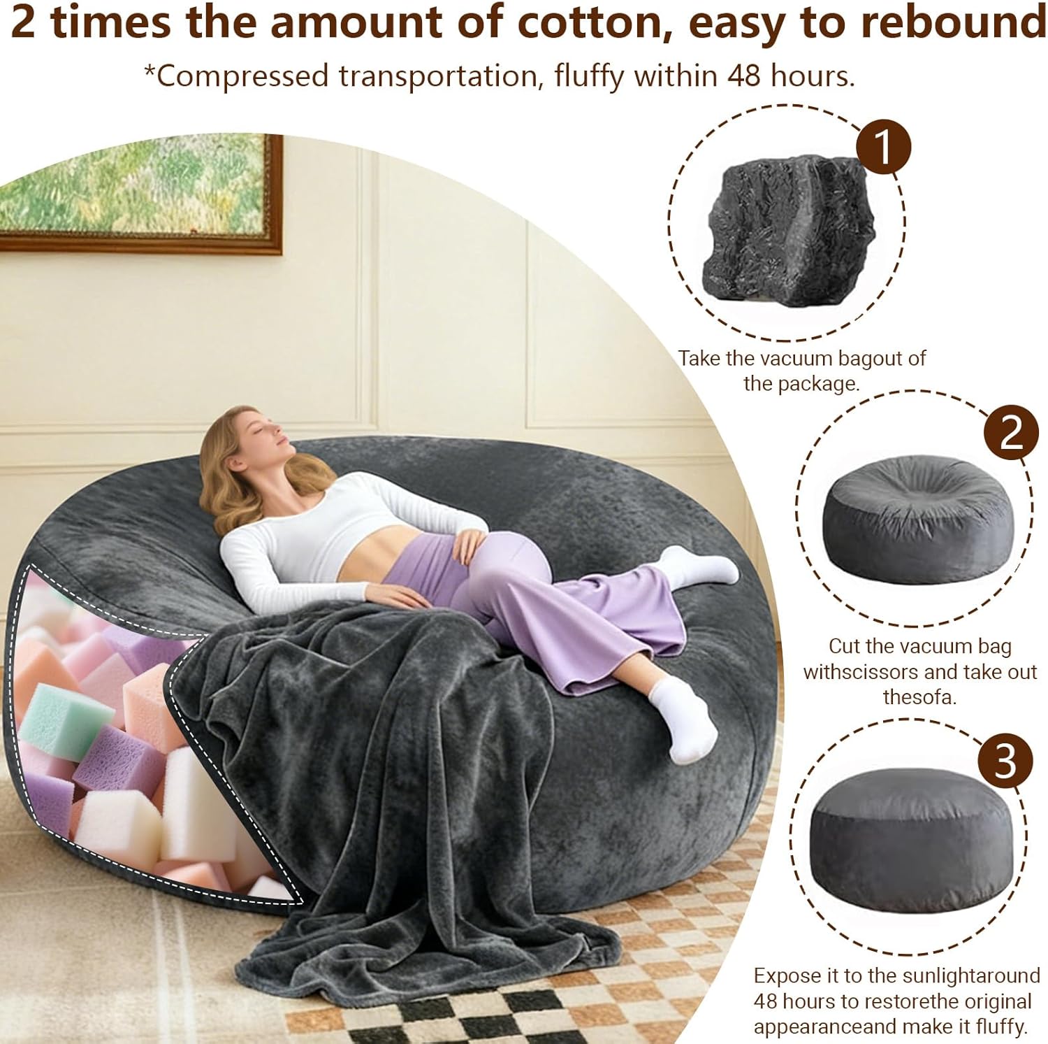 Big Bean Bag Chairs for Adults ，6FT Bean Bag Chair with Filler Memory Foam Chair Super Soft Plush, Living Room Furniture, Suitable for bedrooms, Comfy Lounge Reading Chairs
