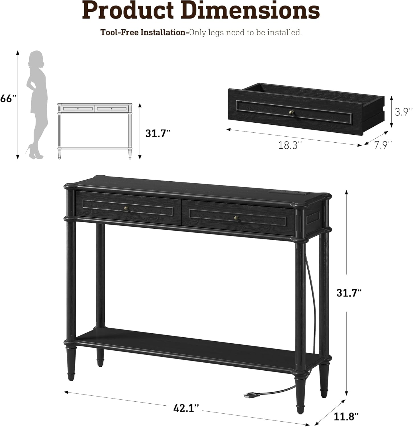Solid Wood Console Table for Entryway with Charging Station,Retro Entryway Table with 2 Drawers-Easiest Assembly,Sofa Table with Bottom Shelf,Narrow Long Couch Table Behind Sofa for Living Room,Foyer