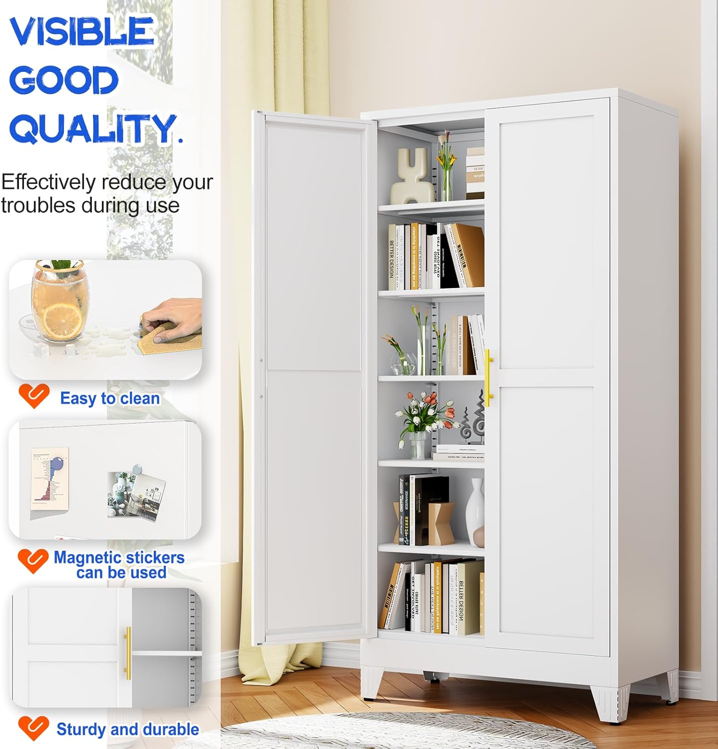 GAIOUS 75.2" Tall Metal Storage Cabinet with 2 Doors and 5 Adjustable Shelves, New upgrade Kitchen Pantry Cabinet, White Freestanding Cupboard, 6 Tier Steel Storage for Office, Kitchen, Dining, Garage