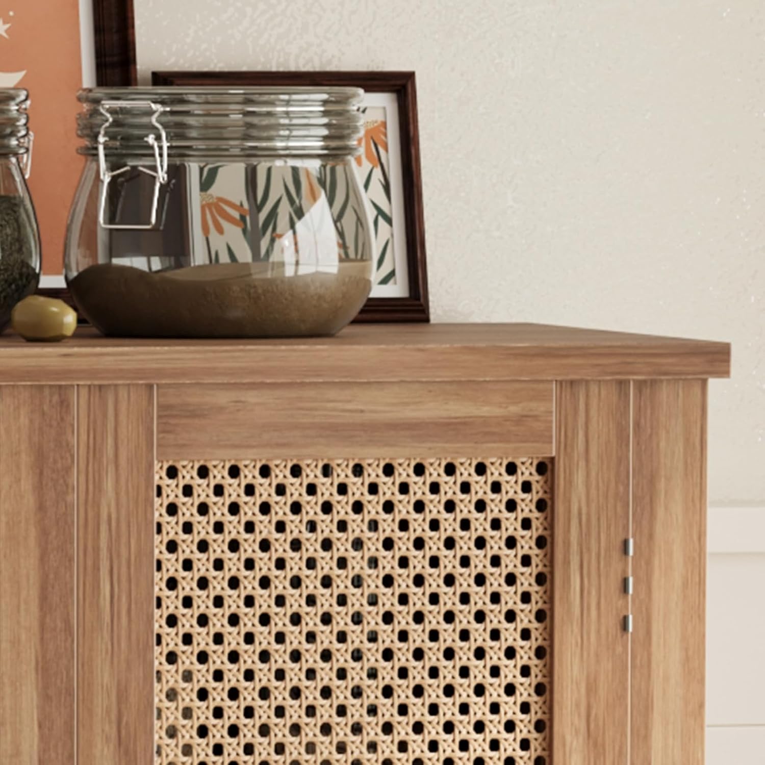 Rattan Pantry Cabinet, 64 Inch Tall Kitchen Storage Cabinet with 2 Adjustable Shelves, 2 Drawers, Large Wooden Food Cupboard for Living Room, Dining Room, Light Brown