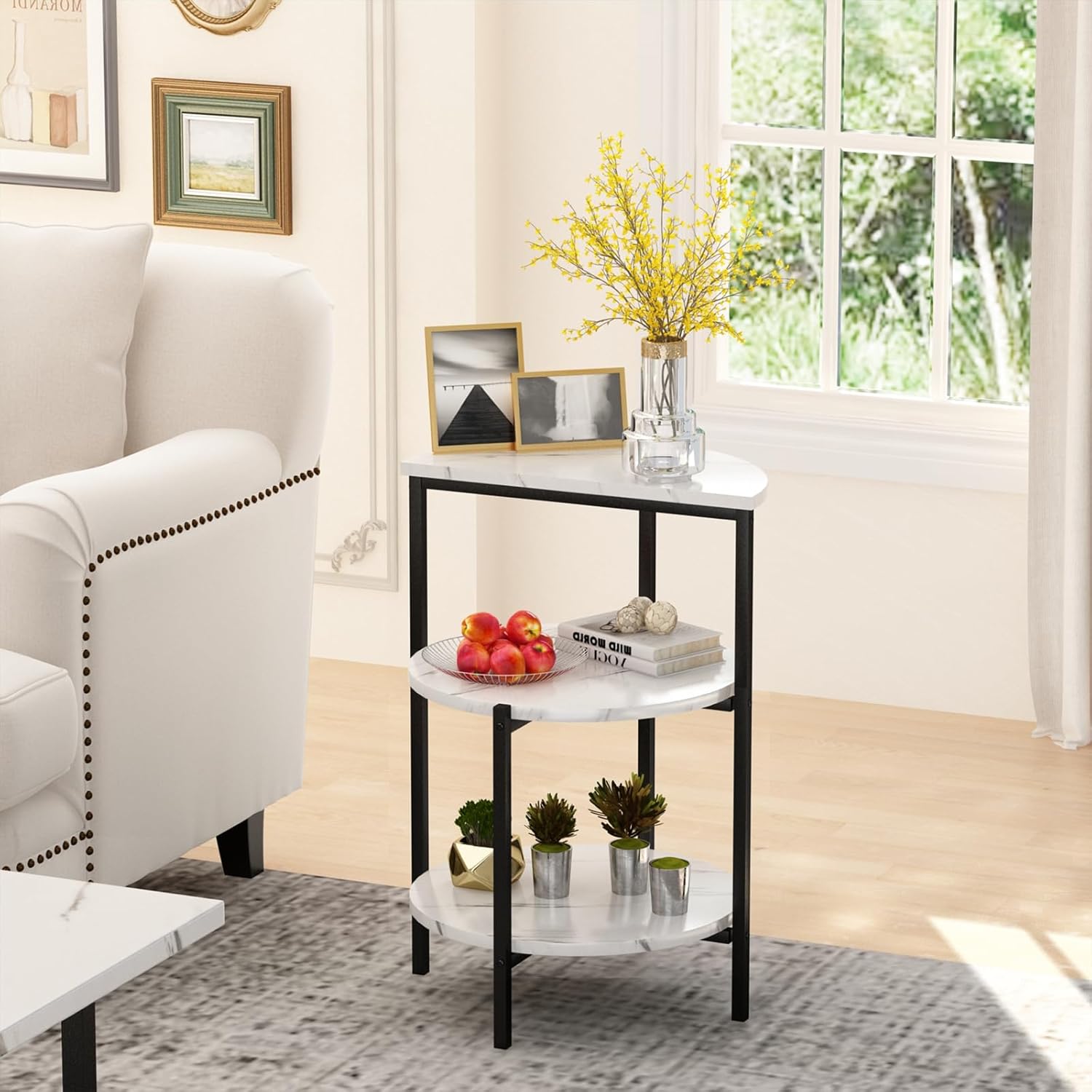 AWQM Faux Marble Table Set,Coffee Table & 2 Side Table, Faux Marble Tabletop and Metal Frame, 3 Piece Table Sets, for Living Room Apartment,White & Black