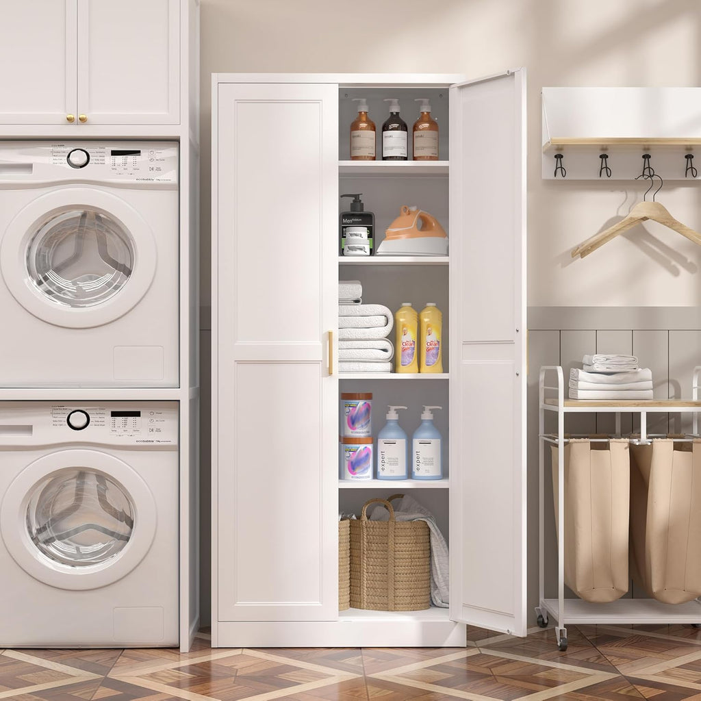 SteeLoong Kitchen Pantry Cabinet,71”White Metal Pantry Storage Cabinet with Doors and 4 Adjustable Shelves,Kitchen Cabinet with 2 Gold Handles,Tall Cabinet for Livingroom,Pantry, Bathroom,Kitchen