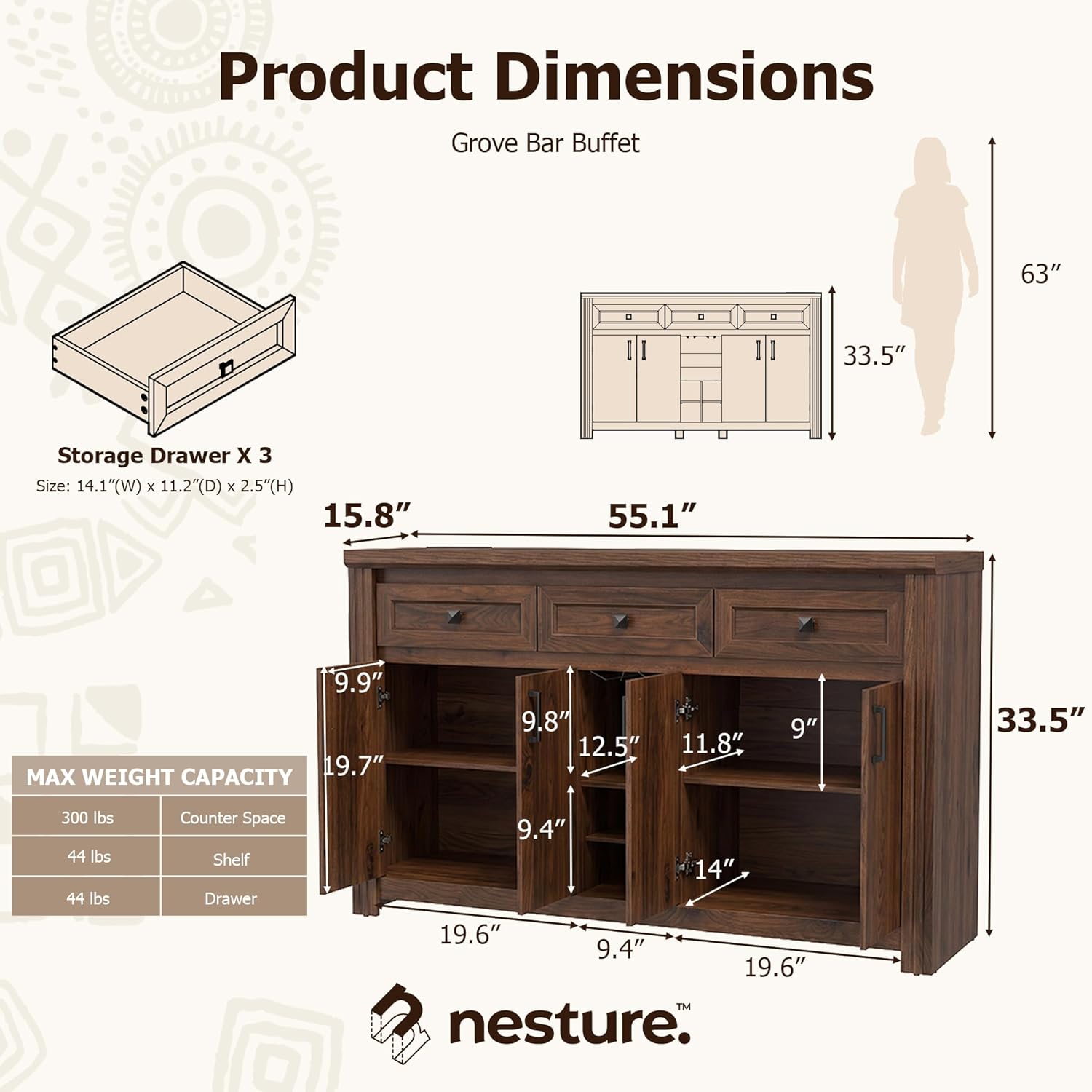 Buffet Sideboard with Storage, 55" Large Kitchen Storage Cabinet with 4 Doors, Wine Rack & Glass Holder, Farmhouse Wood Coffee Bar Buffet Table with Shelves for Kitchen, Dining Room, Walnut