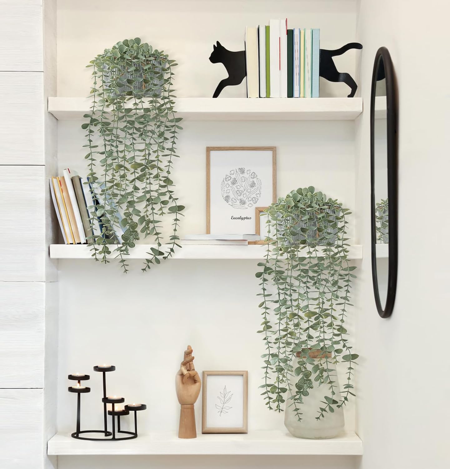 Mkono Fake Hanging Plants in Farmhouse Galvanized Pots Rustic Faux Potted Eucalyptus Greenery Indoor Artificial Plants for Book Shelf Mantel Living Room Bathroom Bedroom Home Office Decor (2, Grey)