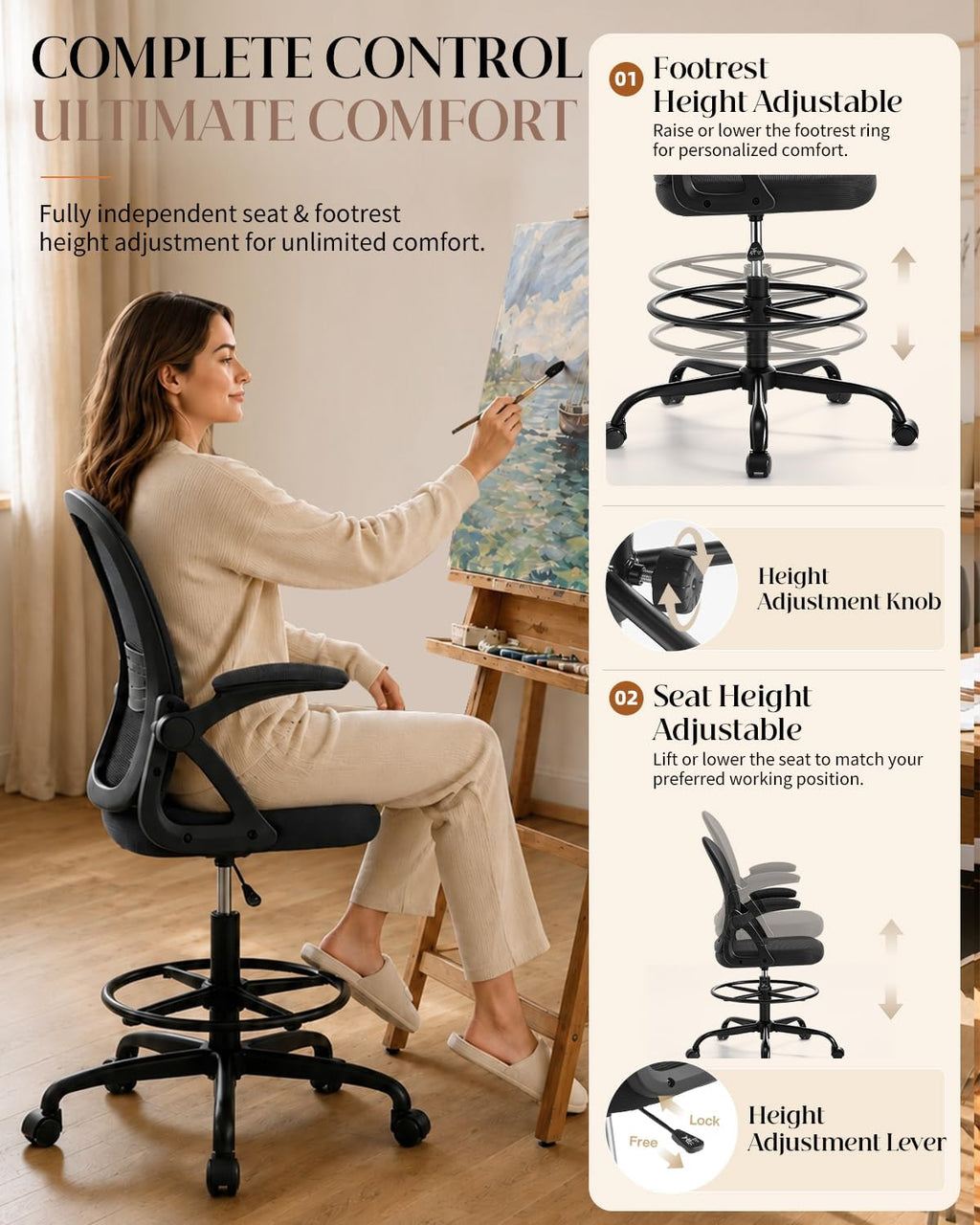 Drafting Chair with Tall Office Chair for Standing Desk | Flip-up Armrests, Adjustable Lumbar Support, Height‑Adjustable Footrest Ring & Seat, Ergonomic Tall Desk Chair
