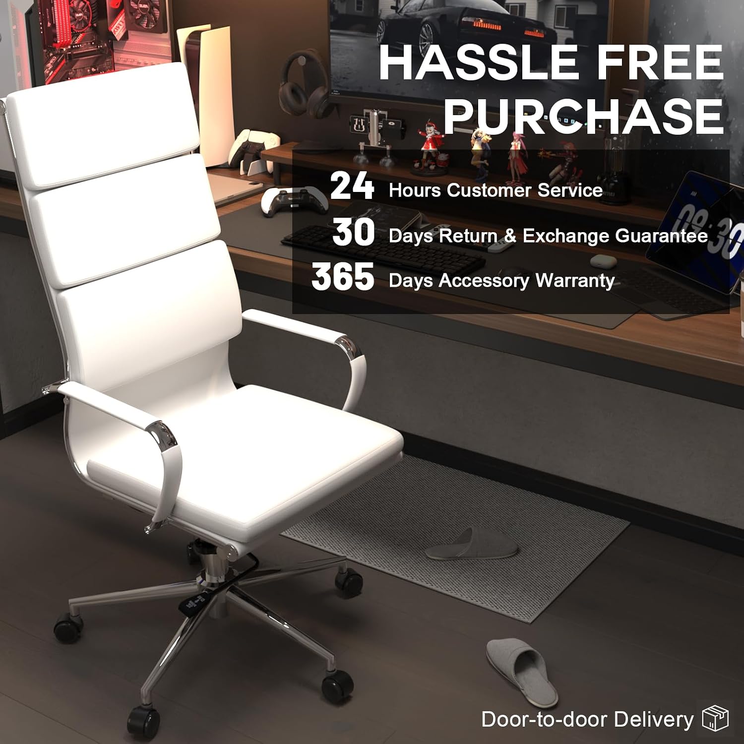 GTPOFFICE Modern White High Back Ergonomic Office Chair with Lumbar Support, Adjustable Height, Bonded Leather, Wheels