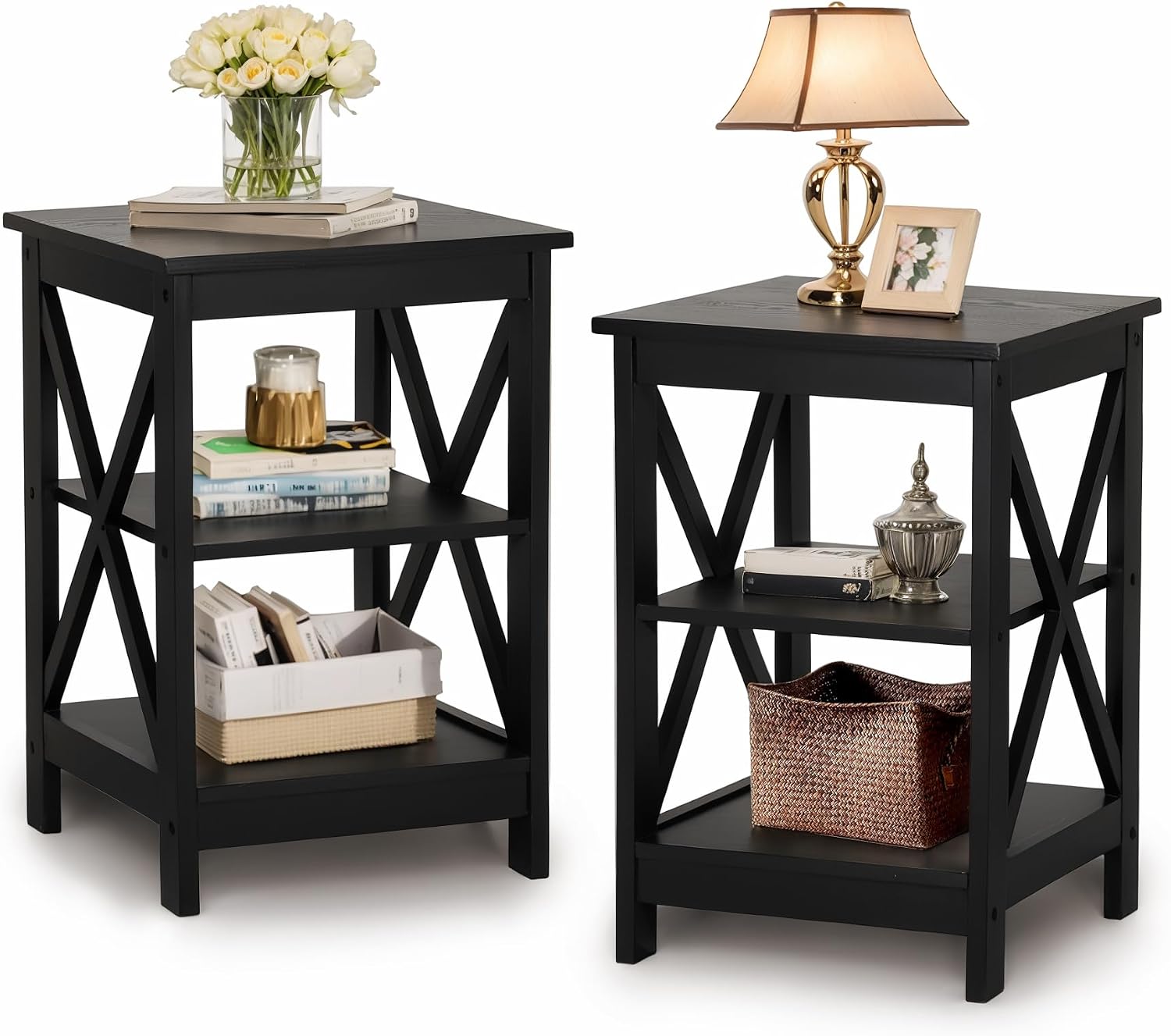 PHI VILLA Black End Table for Living Room Set of 2, Couch Side Tables/Nightstand/Bedside Table