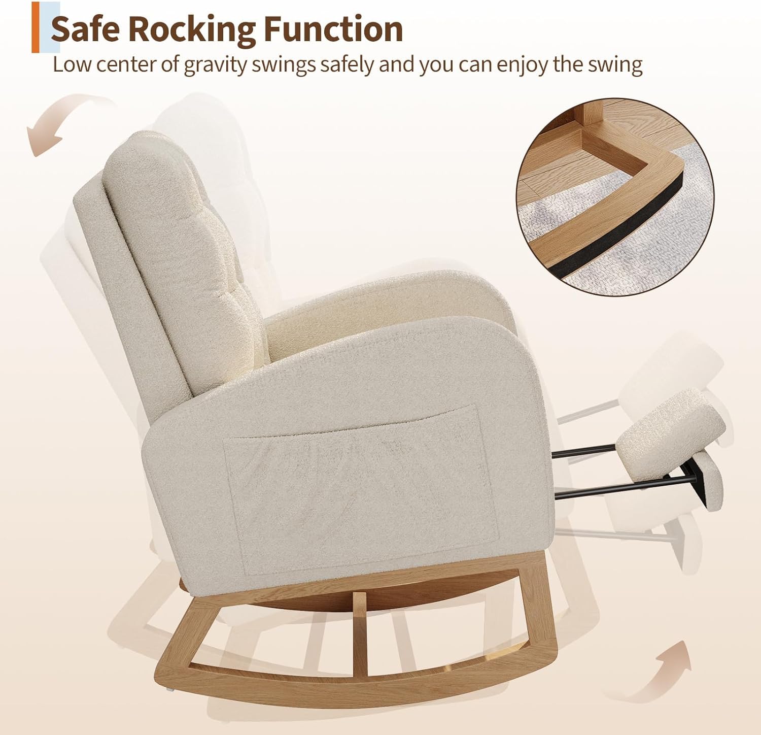 Modern Rocking Chair for Living Room, Comfortable Recliner Rocker with Side Pocket, Soft Linen Upholstered Glider Chair for Bedroom, Nursery, Lounge-Beige