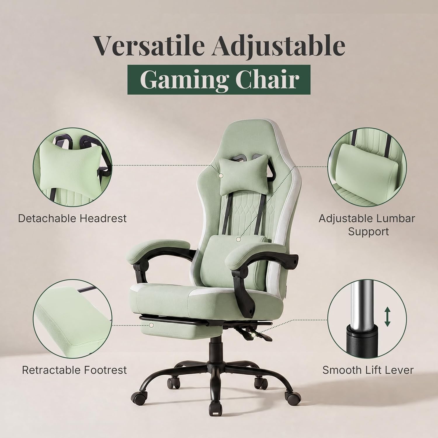 Computer Gaming Chair - High Back Ergonomic Desk Chair with Footrest and Lumbar Support, Height Adjustable Task Chair with Linkage Armrests and Headrest, 360° Swivel Wheels, Green