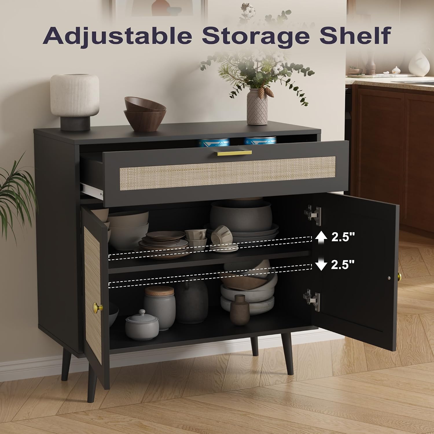 Furnify Rattan Sideboard Buffet, Boho Kitchen Cabinet with Drawer & 2 Doors, Modern Mid Century Accent Cabinet with Adjustable Shelf, Coffee Bar for Living Room, Entryway, Kitchen, Black