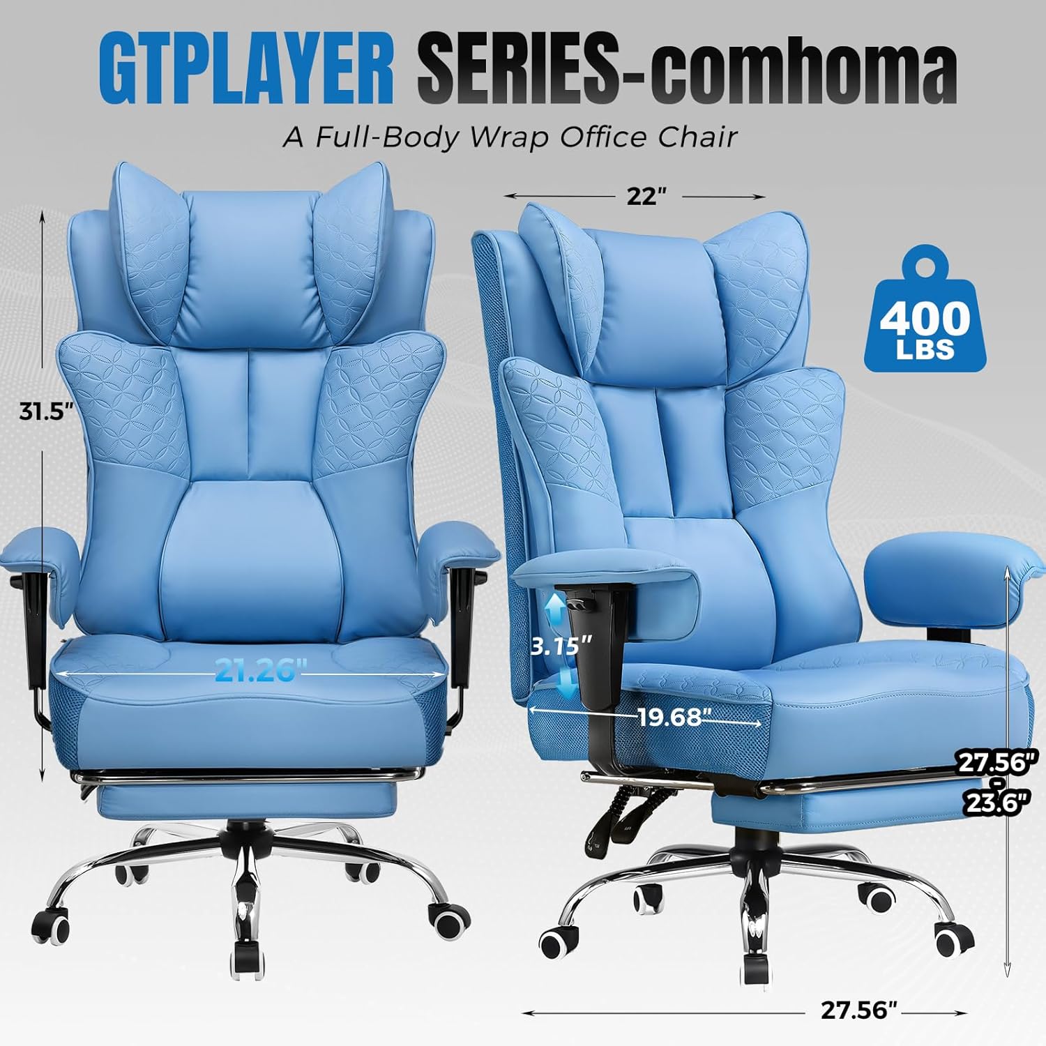 GTPLAYER Big and Tall Office Chair, Wide Ergonomic Gaming Chair with Deluxe Embossing Designed Leather with Foot Rest,150°Reclining Adjustable Soft Armrests Pocket Spring Back Support and Pillow