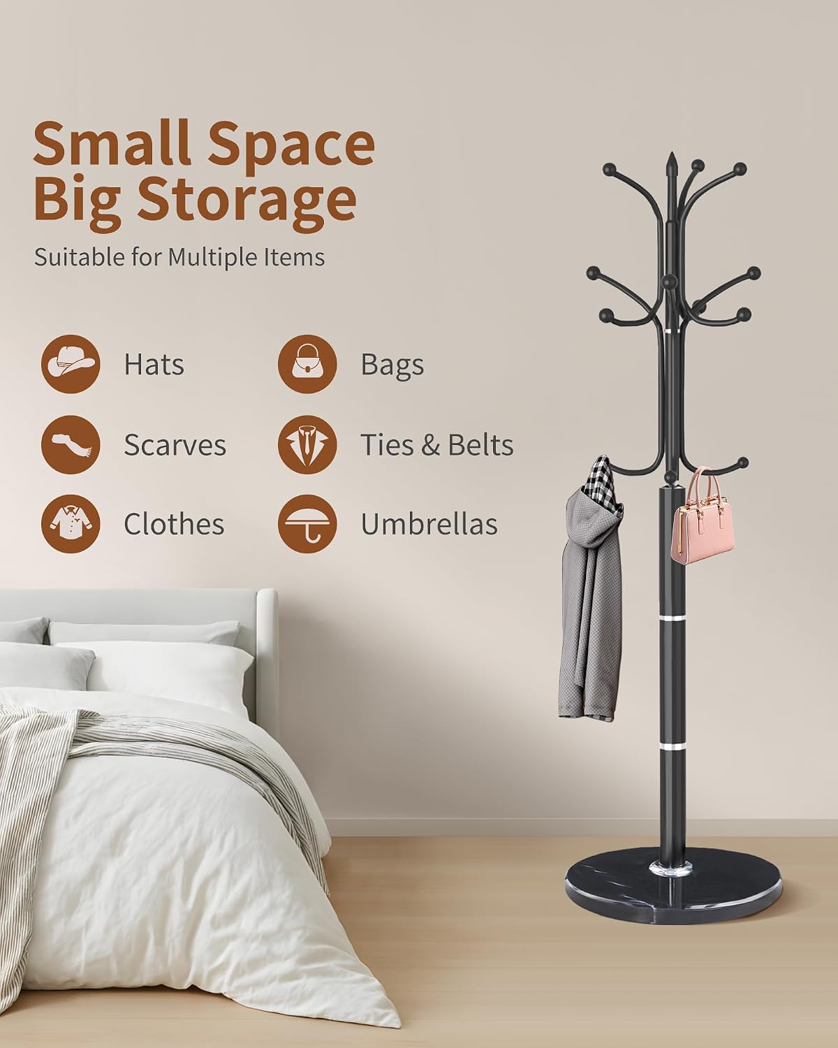 Snaikor Metal Coat Rack Freestanding, Sturdy Coat Rack Stand with Natural Marble Base, Modern Black Coat Racks Tree Hats Hanger Holder Stand for Entryway, Hallway, Office(12 Hooks)