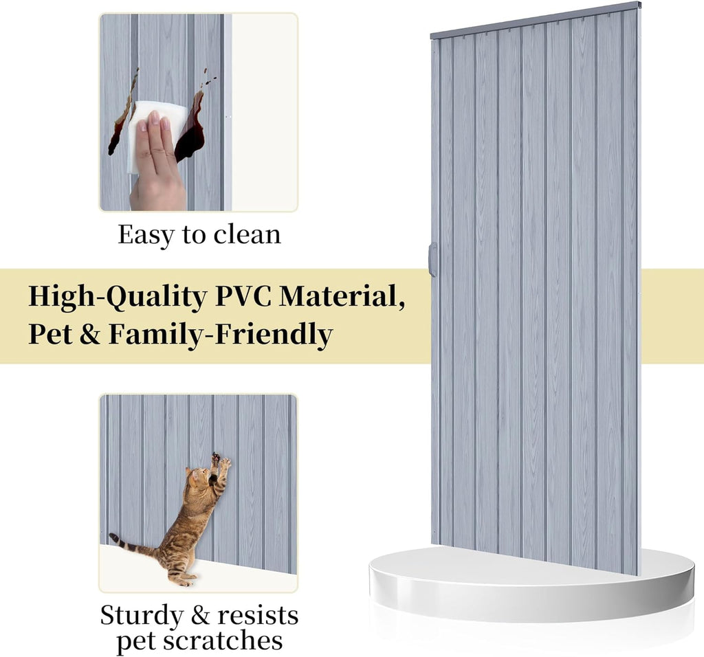 60" x 80" PVC Accordion Door Interior, Suitable for Opening Width 49"-60", Trimmable Height & Width, Room Dividers for Pantry Laundry Closet RV, Strong Magnet Folding Doors, Easy to Install, Grey
