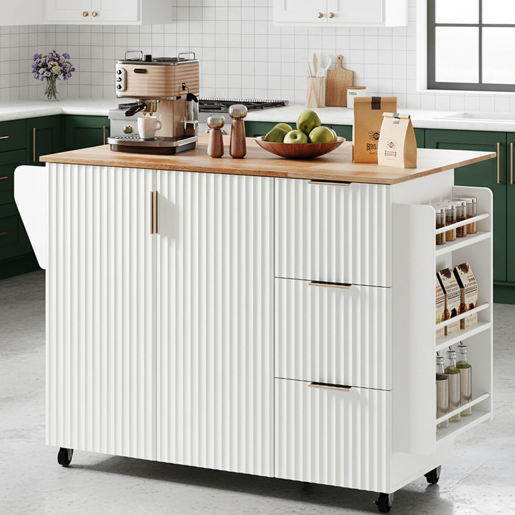 VINGLI Fluted Kitchen Cart with 3 Draws and 2 Doors, White | Drop-leaf Tabletop, Adjuestable Shelves, Towel Bar, 3-tier Side Storage Rack, 360° Rolling Design