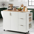 VINGLI Fluted Kitchen Cart with 3 Draws and 2 Doors, White | Drop-leaf Tabletop, Adjuestable Shelves, Towel Bar, 3-tier Side Storage Rack, 360° Rolling Design