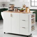 VINGLI Fluted Kitchen Cart with 3 Draws and 2 Doors, White | Drop-leaf Tabletop, Adjuestable Shelves, Towel Bar, 3-tier Side Storage Rack, 360° Rolling Design