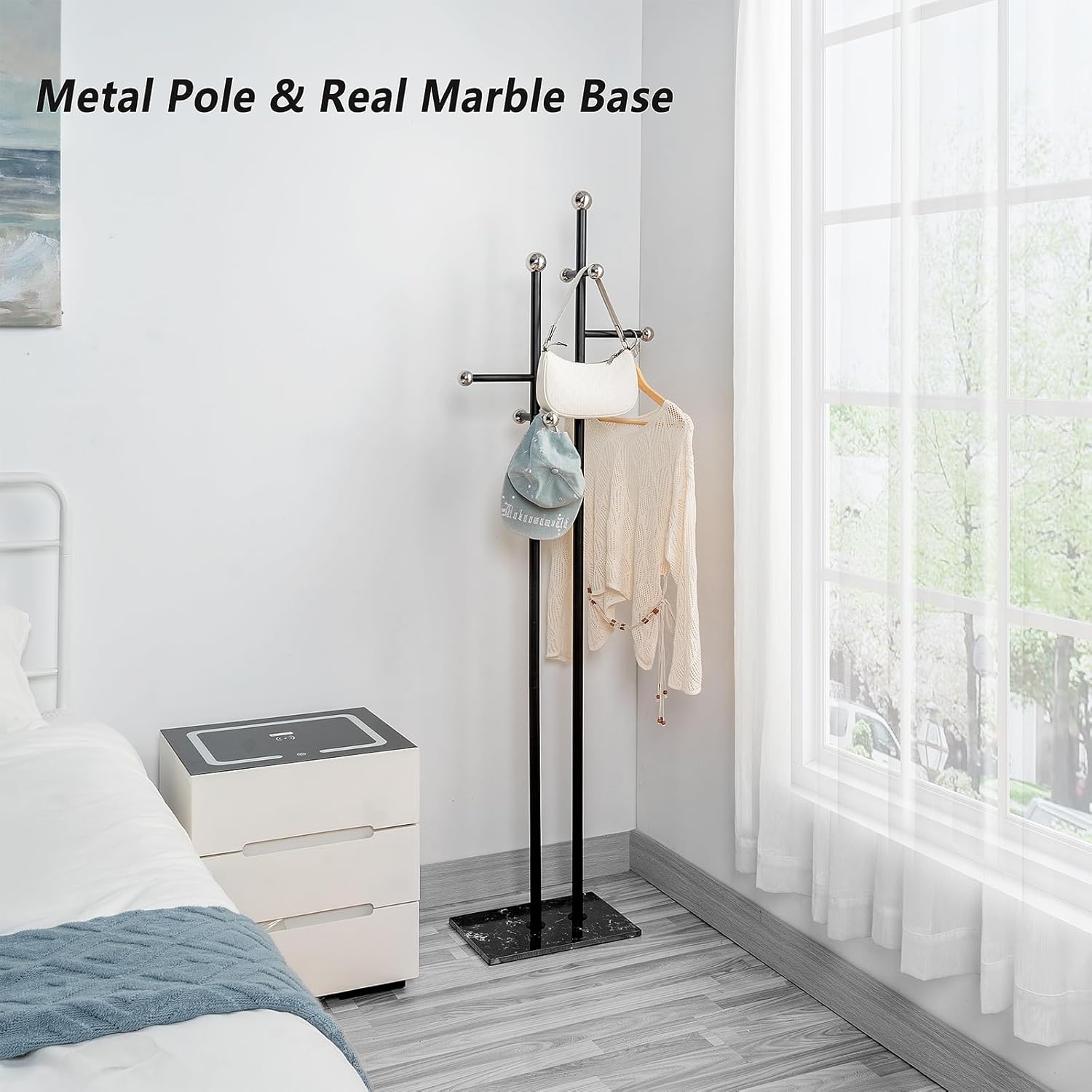 JIAYUEJU Coat Rack Freestanding with Marble Base, Heavy Duty Metal Clothes Rack, Corner Coat Tree Hat Rack for Entryway Bedroom Living Room Hotel 14.96 x 10.24 x 68.9 Inches (Black)